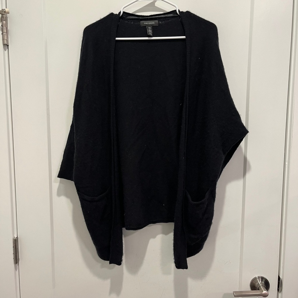 Halogen 100% Cashmere Open Front Cardigan Sweater Black One Size Pockets